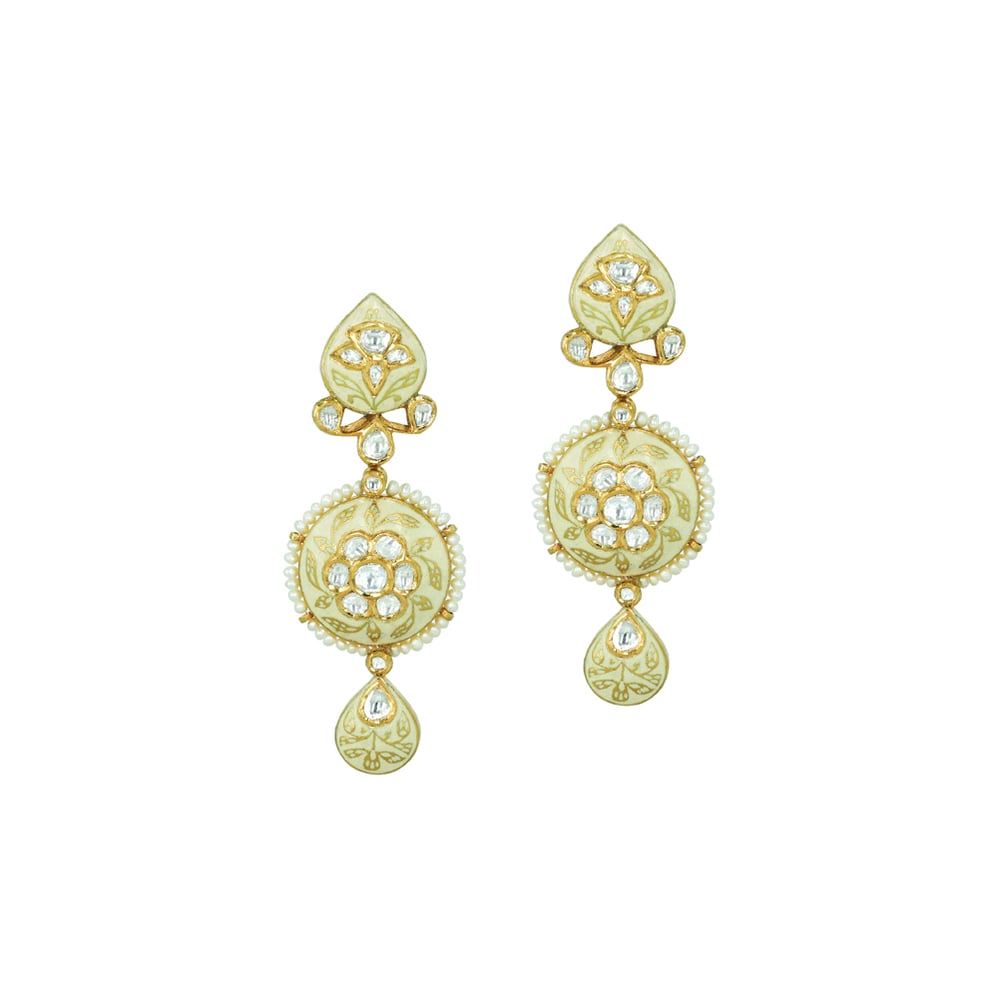 Ivory-Mint Enamel Earrings with Polkis and Pearls